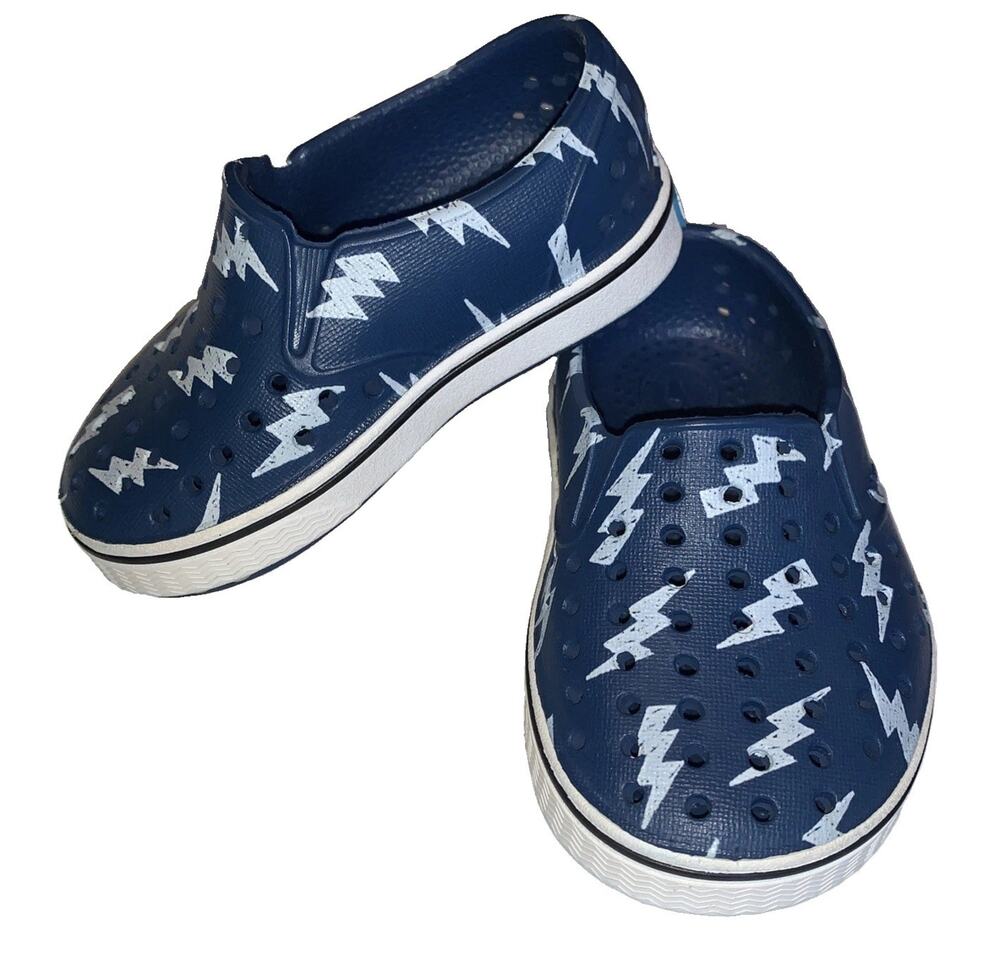 Native Shoes Kids C4 Blue White Lightning Print Slip On Boys Girls